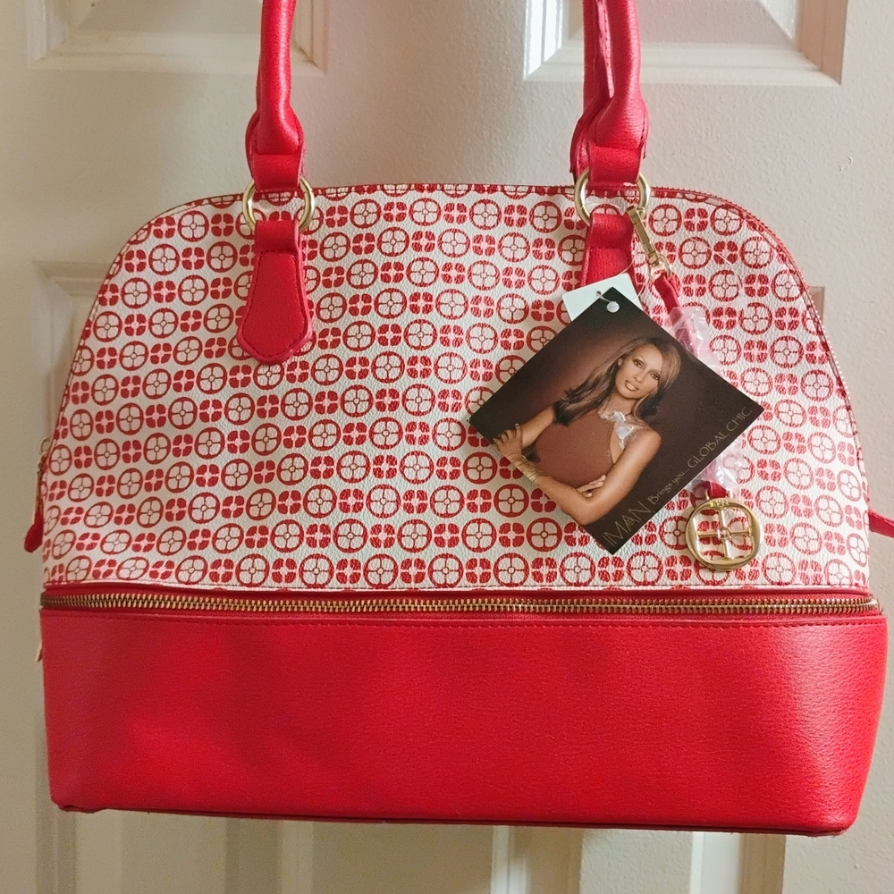 IMAN Red and White Patterned Handbag
